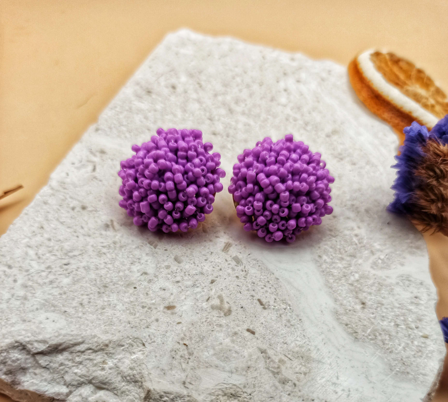 "Rosemaries", beaded stud earrings, purple color