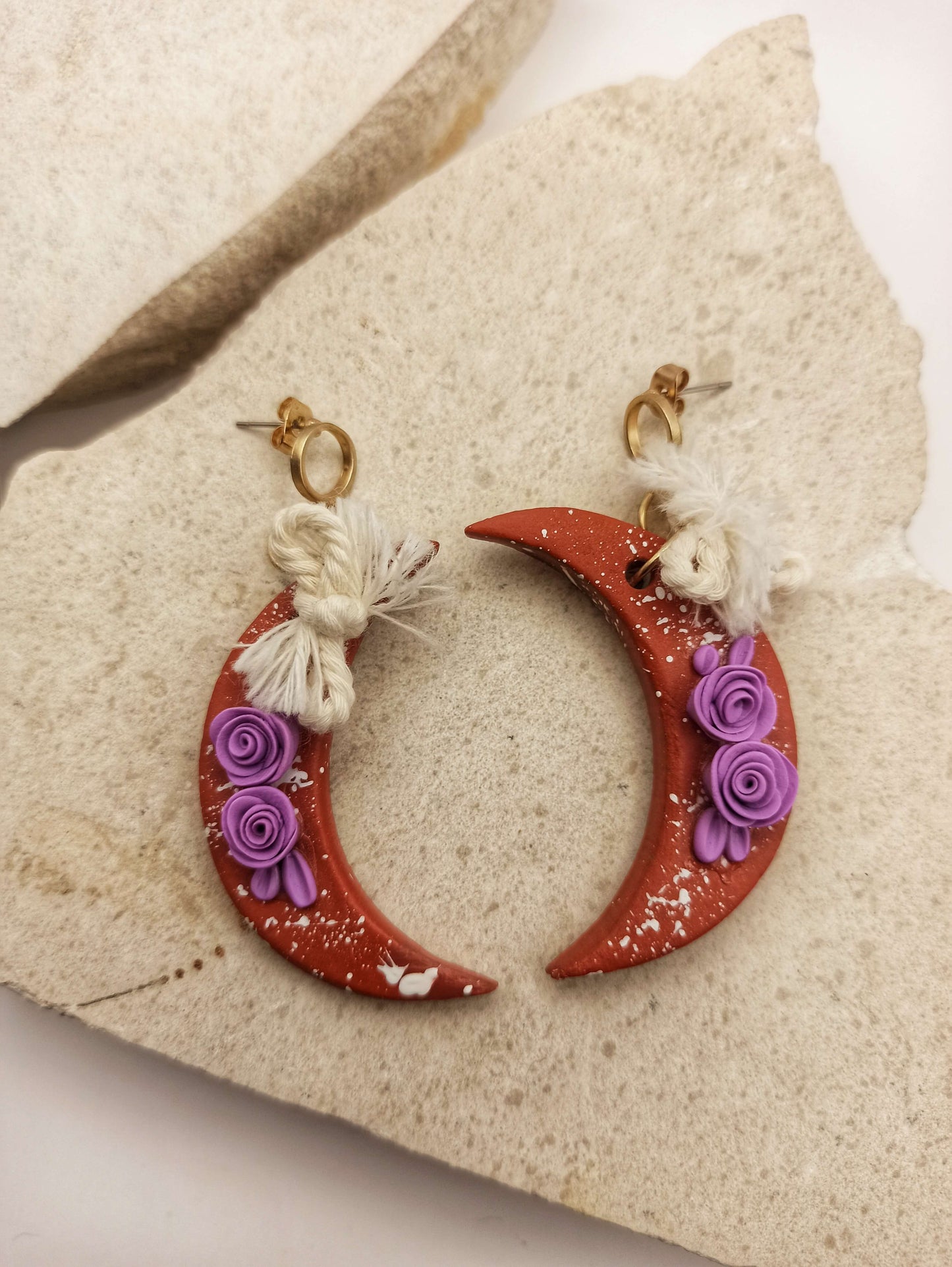 Brick red, celestial, handmade clay earrings