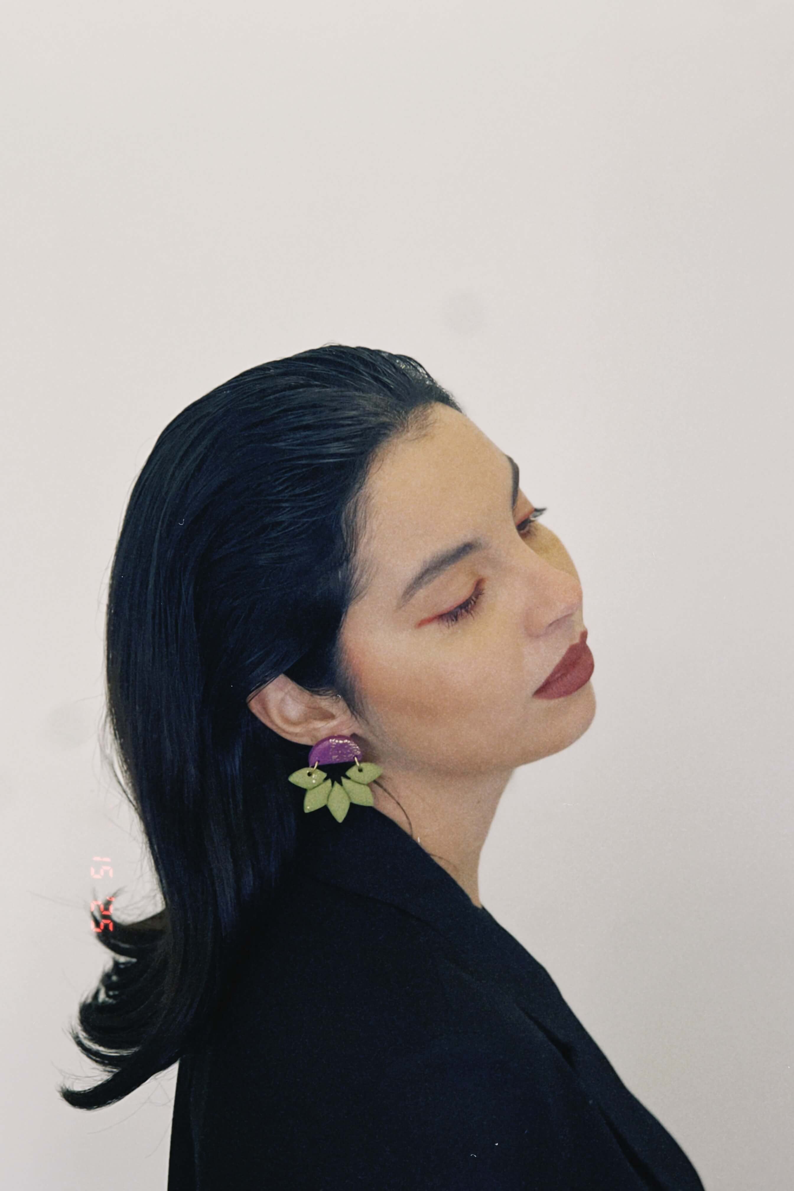 Astra Χειροποίητα Σκουλαρίκια από Πηλό & Φύλλα Χρυσού σε Μωβ & Πράσινο Χρώμα