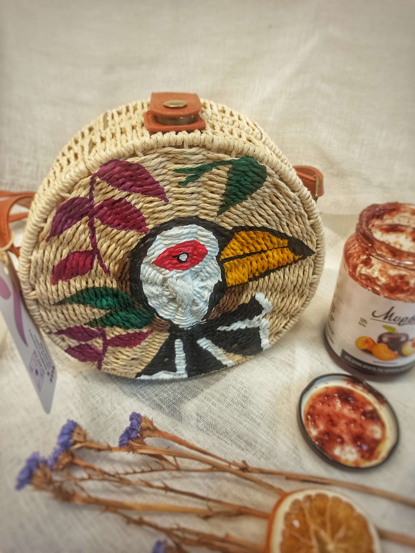 Tucan Bird Clutch Bag, straw, hand-painted