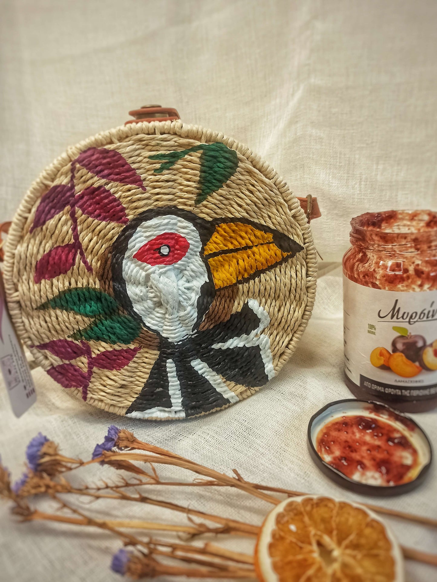 Tucan Bird Clutch Bag, straw, hand-painted