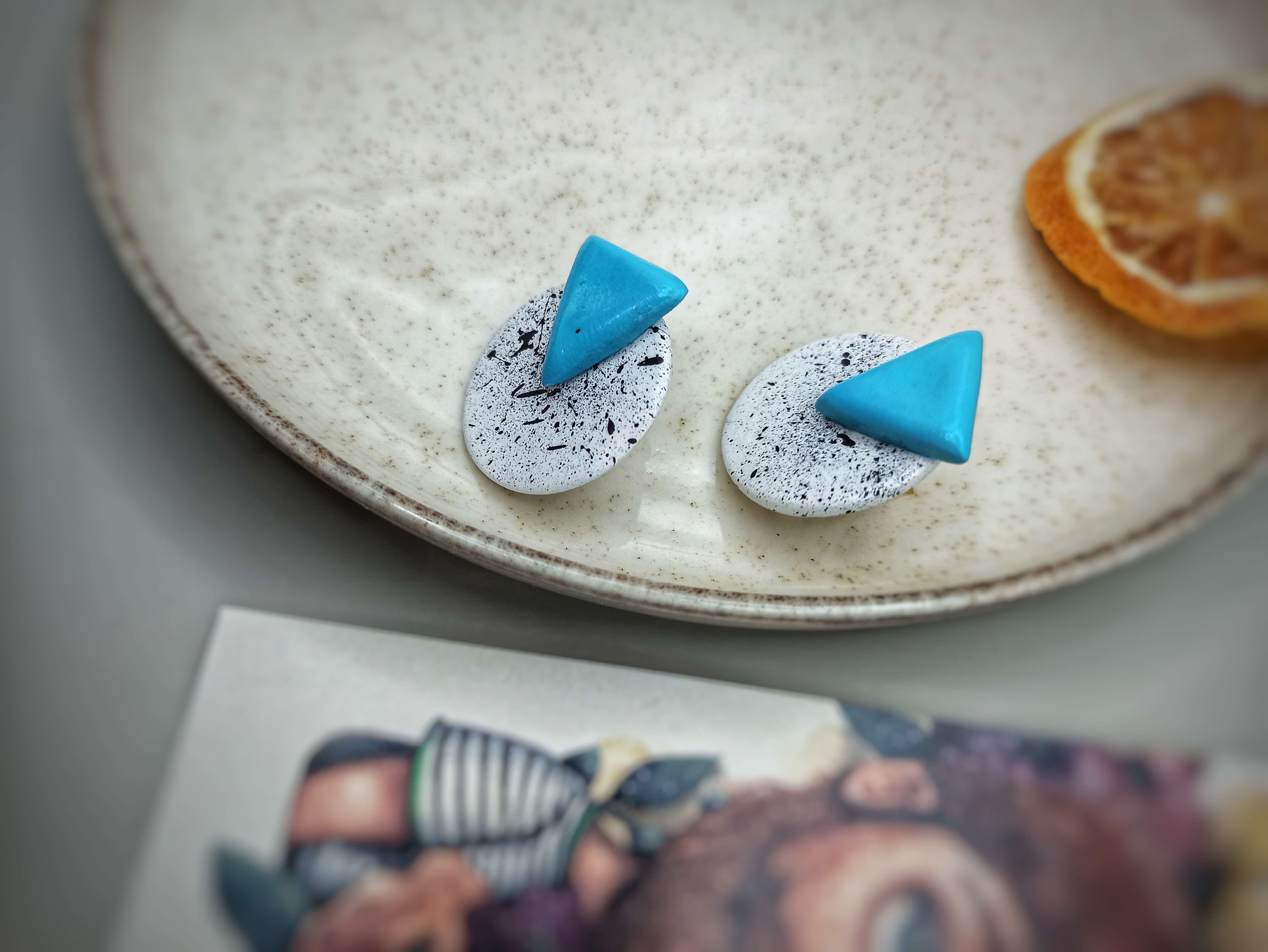 clay earrings geometrical blue white