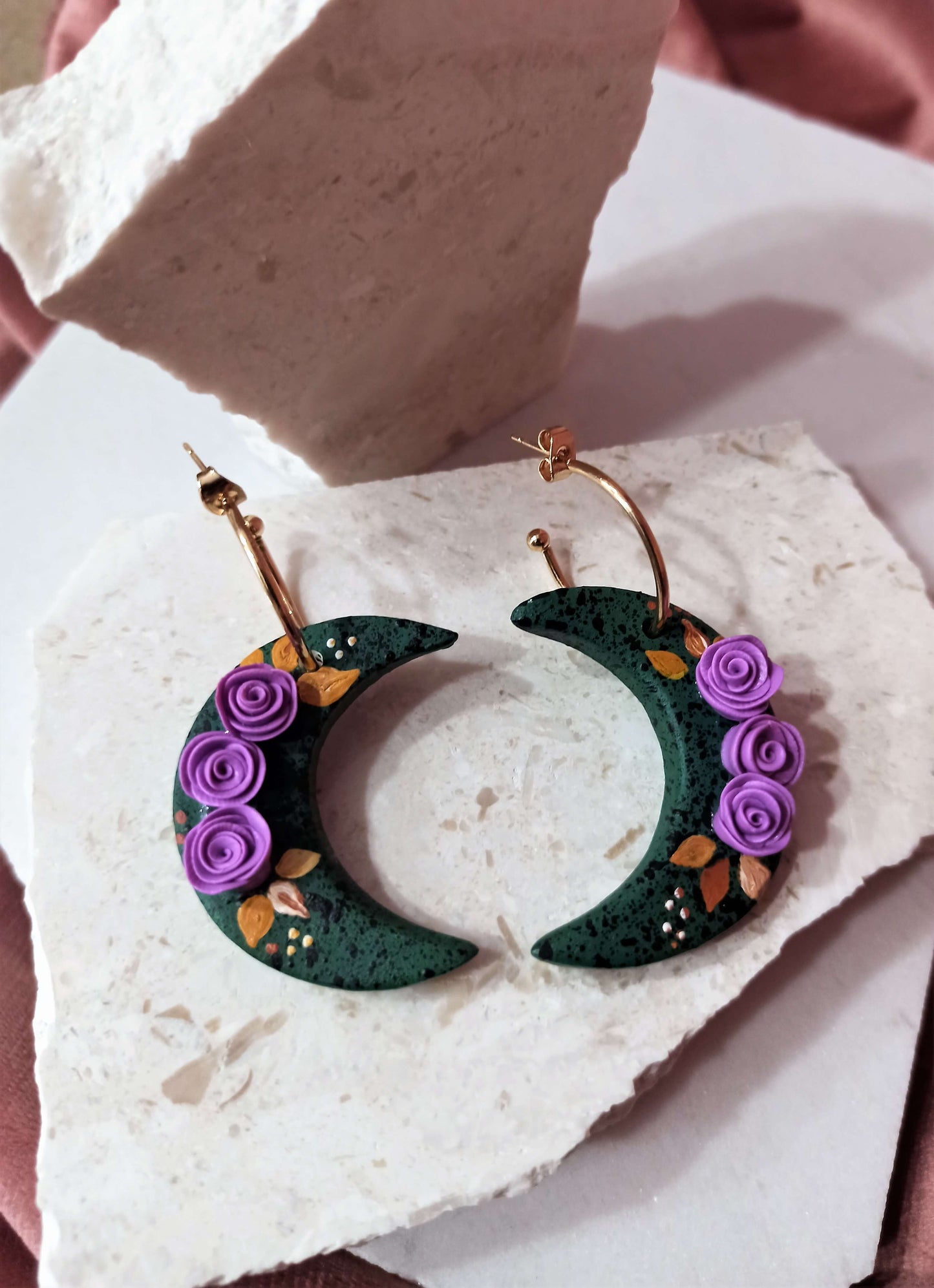 Celestial earrings, dark green clay, semi hoops