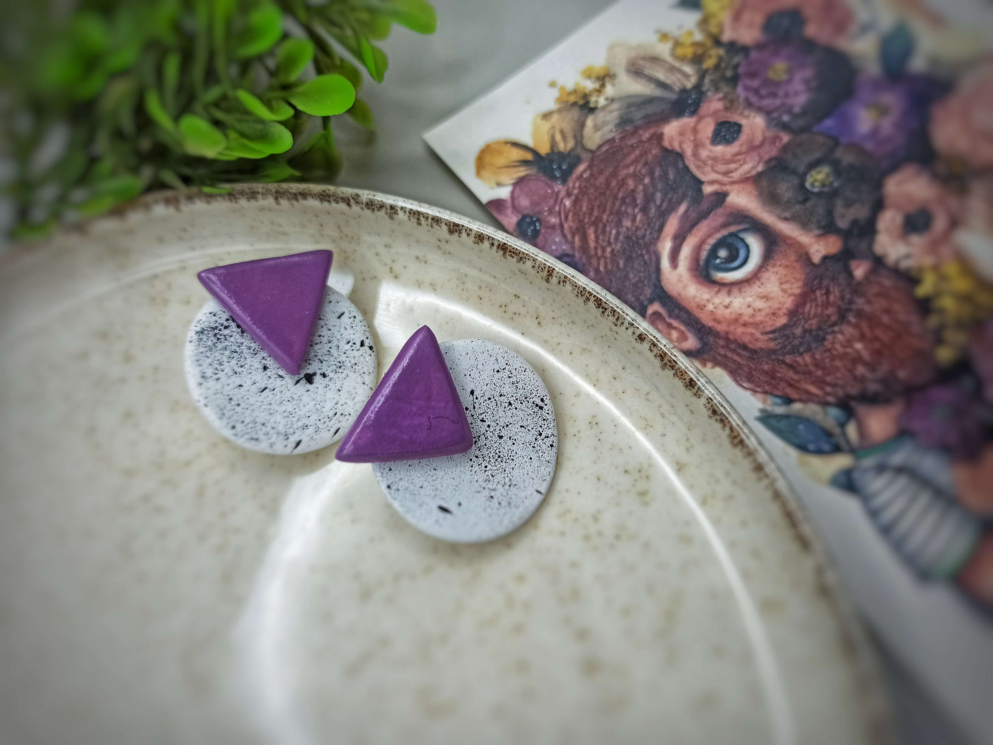 Clay handmade purple & white studs