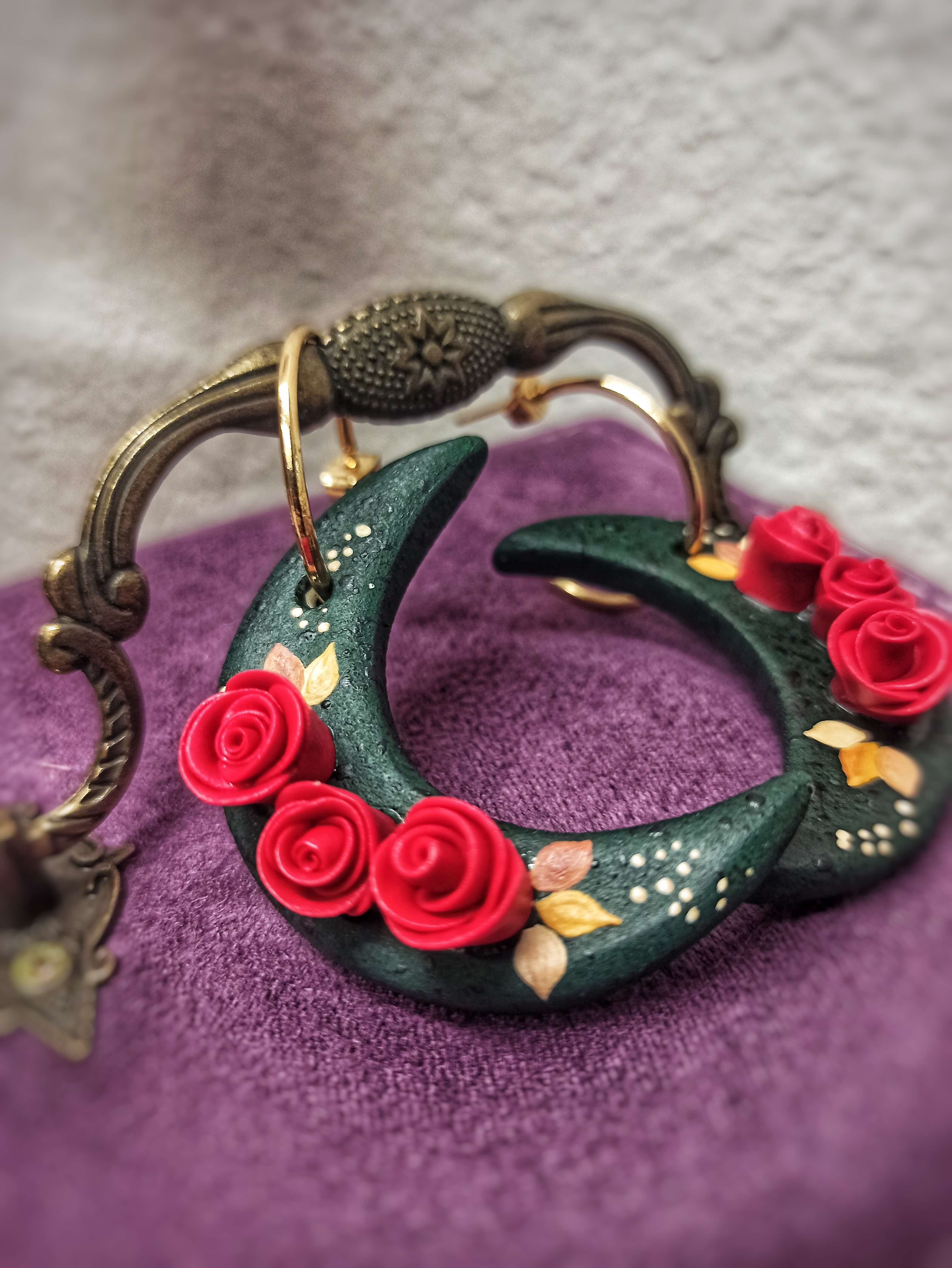 Celestial, red roses handmade clay earrings