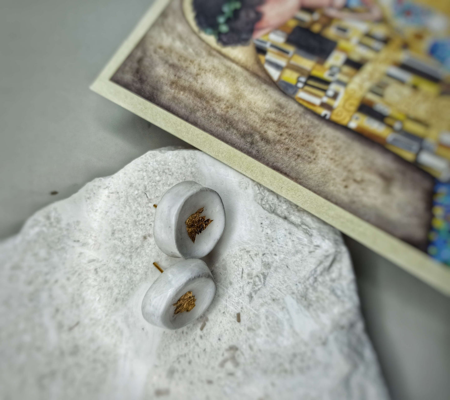 White, Handmade Clay Studs, with gold-leaf